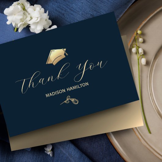 Elegant Navy Blue and Gold Graduation Party Bedankkaart