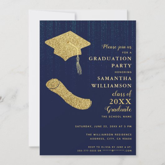 Elegant Navy Blue and Gold Graduation Party Kaart (Voorkant)