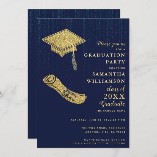 Elegant Navy Blue and Gold Graduation Party Kaart (Voorkant / Achterkant)