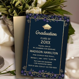 Elegant Navy Blue and Gold Graduation Party Kaart