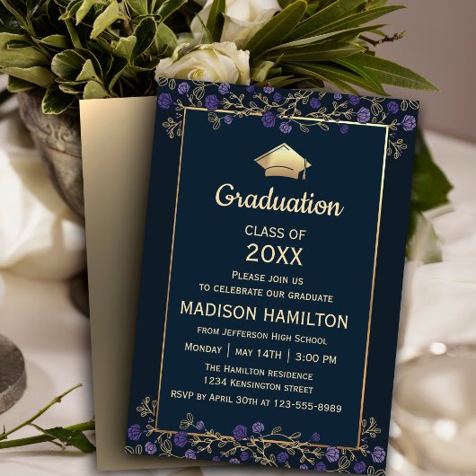 Elegant Navy Blue and Gold Graduation Party Kaart