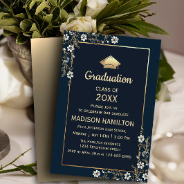 Elegant Navy Blue and Gold Graduation Party Kaart