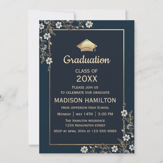 Elegant Navy Blue and Gold Graduation Party Kaart (Voorkant)