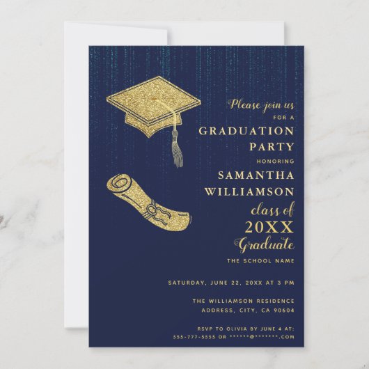 Elegant Navy Blue and Gold Graduation Party Kaart (Voorkant)