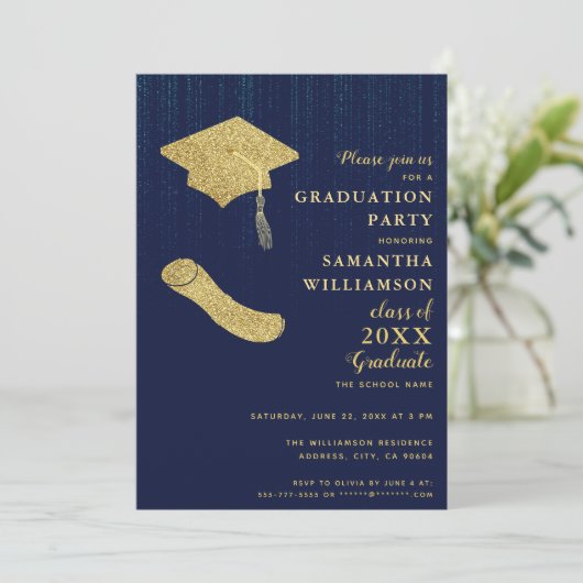 Elegant Navy Blue and Gold Graduation Party Kaart (Staand voorkant)