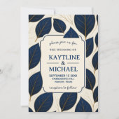 Elegant Navy Blue and Gold Leaf Botanical Kaart (Voorkant)