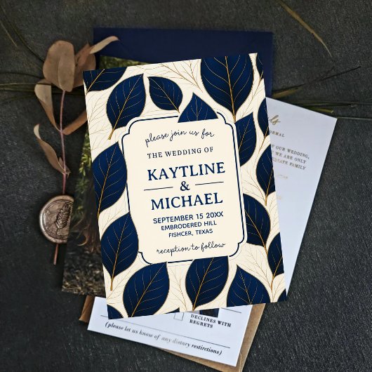 Elegant Navy Blue and Gold Leaf Botanical Kaart