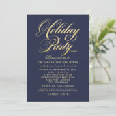 Elegant Navy Blue and Gold Script Holiday Party Kaart (Staand voorkant)