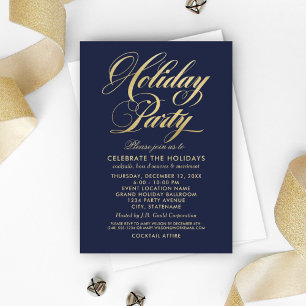 Elegant Navy Blue and Gold Script Holiday Party Kaart