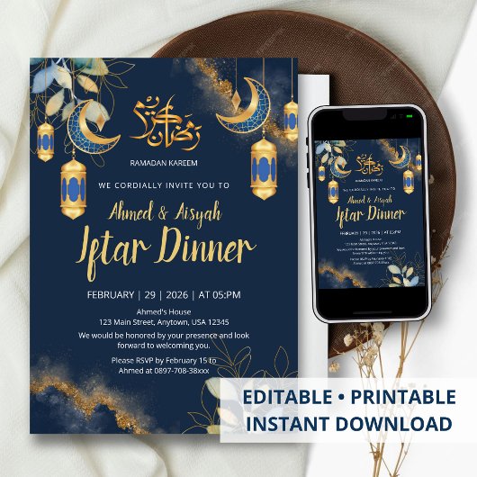 Elegant Navy Blue and Gold Watercolor Iftar Kaart