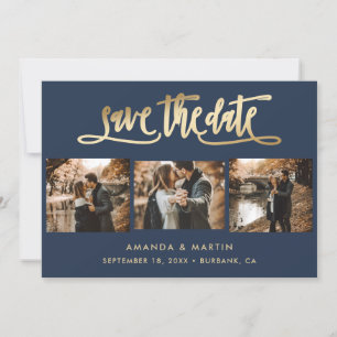 Elegant Navy Blue and Gold Wedding 3 Foto Save The Date