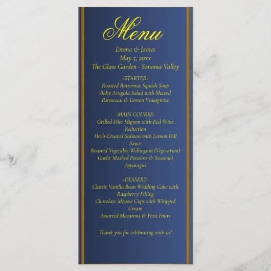 Elegant Navy Blue and Gold Wedding Menu Card (Voorkant)