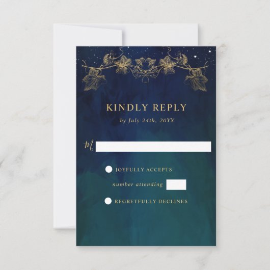 Elegant Navy, Blue and Green Celestial Gilded RSVP (Voorkant)