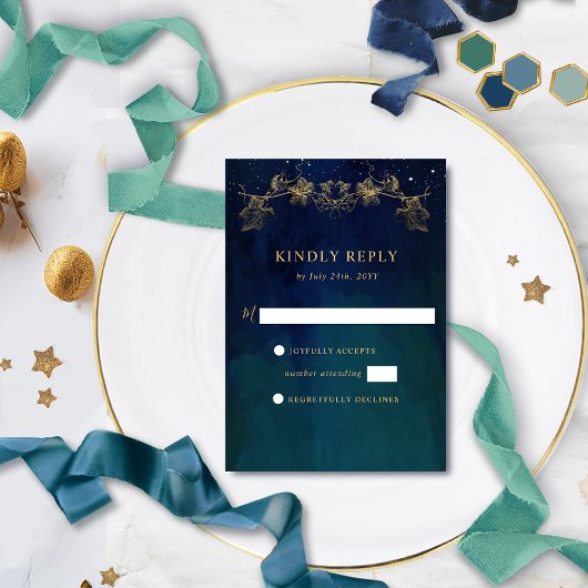 Elegant Navy, Blue and Green Celestial Gilded RSVP Kaartje