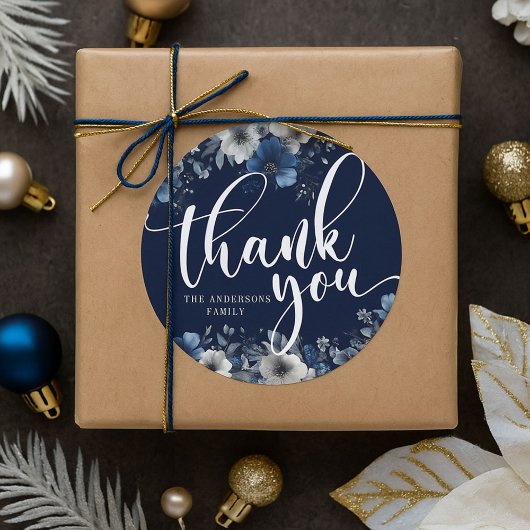 Elegant Navy Blue and Silver Floral   Ronde Sticker