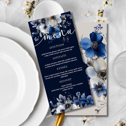 Elegant Navy Blue and Silver Floral Wedding Menu 