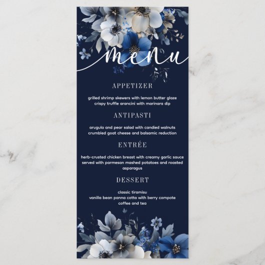 Elegant Navy Blue and Silver Floral Wedding Menu  (Voorkant)
