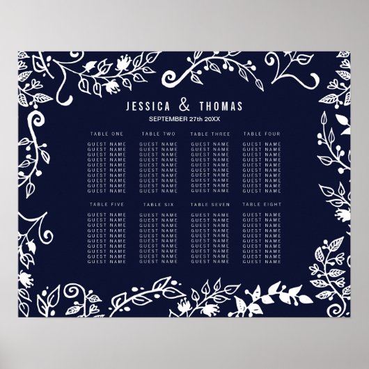Elegant Navy Blue and White Floral Seating Chart Poster (Voorkant)