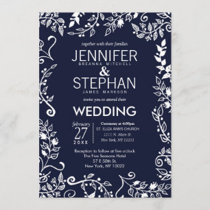 Elegant Navy Blue and White Floral Wedding Invites Kaart