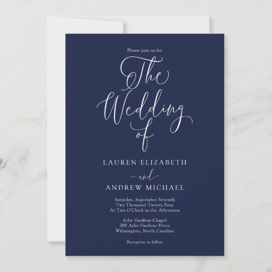 Elegant Navy Blue and White Minimalist Wedding Kaart (Voorkant)