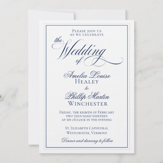 Elegant Navy Blue and White Wedding Invitation Kaart (Voorkant)