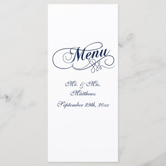 Elegant Navy Blue and White Wedding Menu Sjablonen (Achterkant)