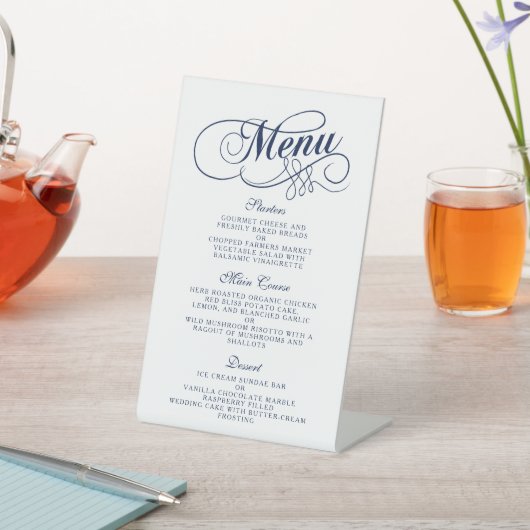 Elegant Navy Blue and White Wedding Menu Sjablonen Reclamebord Met Voetstuk (Insitu)