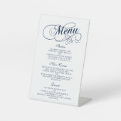 Elegant Navy Blue and White Wedding Menu Sjablonen Reclamebord Met Voetstuk (Voorkant)