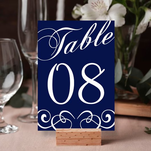 Elegant Navy Blue and White Wedding Table Number Kaart