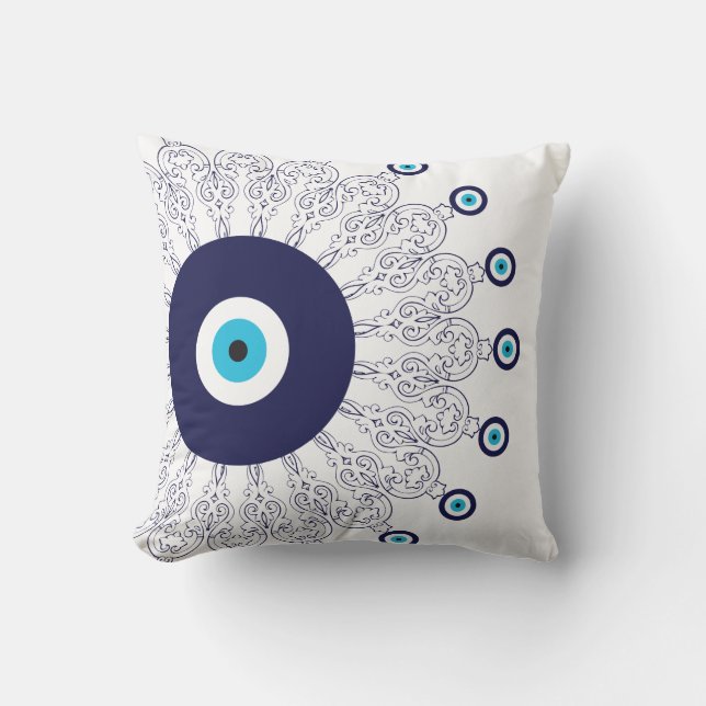 Elegant Navy Blue Aqua Evil Eye Boho Chic Mandala Kussen (Voorkant)