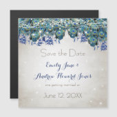 Elegant Navy Blue Aqua Peacock Feathers Typografie Magnetische Uitnodiging (Voorkant / Achterkant)