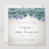 Elegant Navy Blue Aqua Peacock Feathers Typografie Magnetische Uitnodiging (Voorkant)