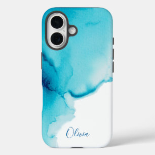 Elegant Navy Blue Aqua Waterverf iPhone 16 Hoesje