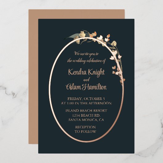 Elegant Navy Blue Beige Wildflower Floral Folie Uitnodiging (Voorkant / Achterkant)