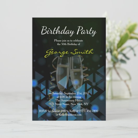 Elegant Navy Blue Birthday Party Invite Kaart (Staand voorkant)