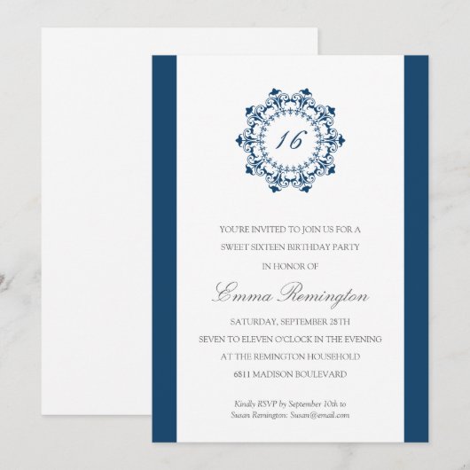 Elegant Navy Blue Birthday Party Kaart (Voorkant / Achterkant)