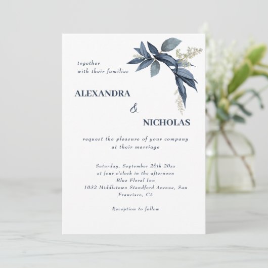 Elegant Navy Blue Bladeren Botanische bruiloft Kaart (Staand voorkant)