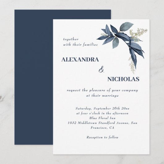Elegant Navy Blue Bladeren Botanische bruiloft Kaart (Voorkant / Achterkant)