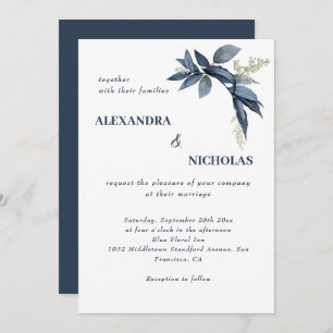Elegant Navy Blue Bladeren Botanische bruiloft Kaart