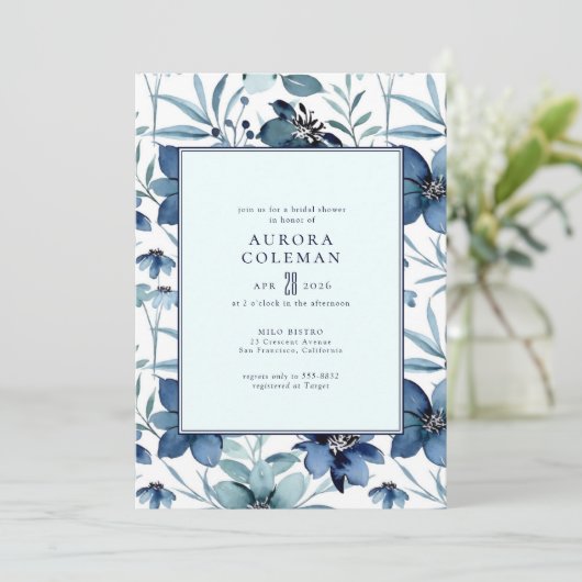 Elegant Navy Blue Blauwgroen Floral Vrijgezellenfe Kaart (Staand voorkant)