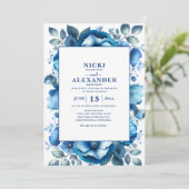 Elegant Navy Blue Bloemen Wit Bruiloft Kaart (Staand voorkant)