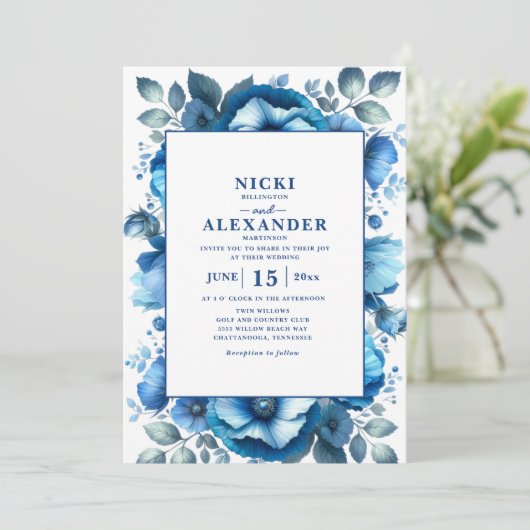 Elegant Navy Blue Bloemen Wit Bruiloft Kaart (Staand voorkant)