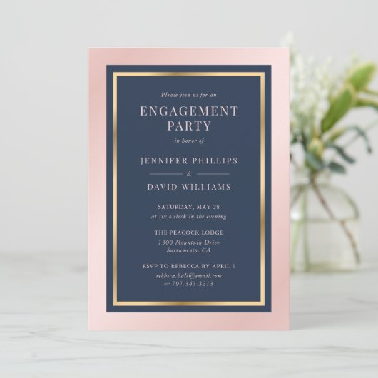 Elegant Navy Blue Blush and Gold Engagement Party Kaart (Staand voorkant)