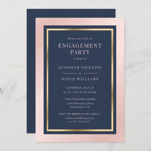 Elegant Navy Blue Blush and Gold Engagement Party Kaart (Voorkant / Achterkant)