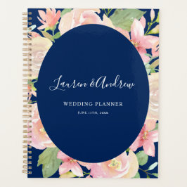 Elegant Navy Blue Blush Bloemen Lijst Bruiloft Planner
