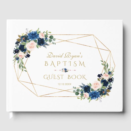 Elegant Navy Blue Blush Flowers Gold Boy Baptisme Gastenboek (Voorkant)