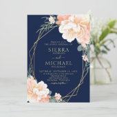 Elegant Navy Blue Blush Gold Peach Floral Weddensc Kaart (Staand voorkant)