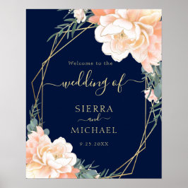 Elegant Navy Blue Blush Gold Peach Floral Weddensc Poster