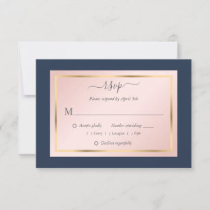 Elegant Navy Blue Blush Gold Wedding RSVP Kaarten