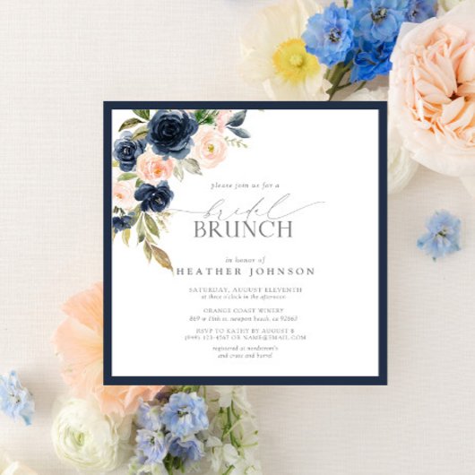 Elegant Navy Blue Blush Pink Bridal Brunch Kaart